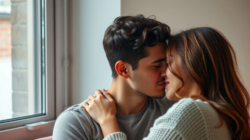 Fiatal pár romantikus pillanata, érzelmi közelség