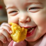 Baba élvezi az első falatokat, vidám arccal és étellel a kezében.