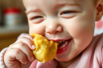 Baba élvezi az első falatokat, vidám arccal és étellel a kezében.