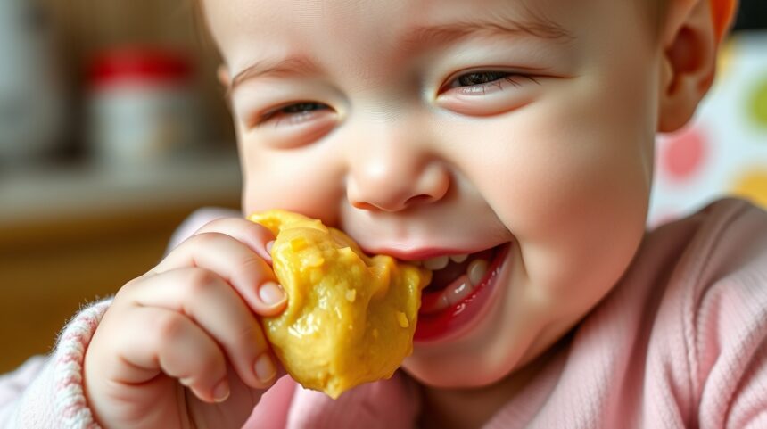 Az első falatok a babának: Mire figyeljünk? 1 Baba élvezi az első falatokat, vidám arccal és étellel a kezében.