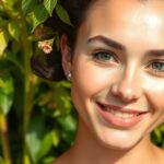 Fiatal nő mosolyogva a természetben, egészséges bőrrel.