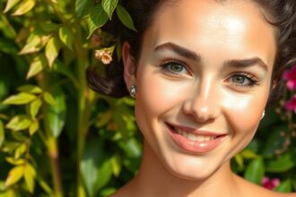 Fiatal nő mosolyogva a természetben, egészséges bőrrel.