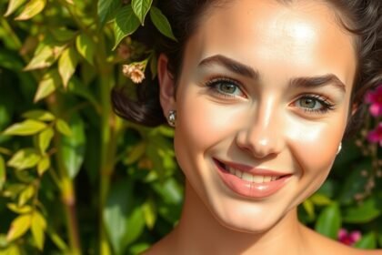 Fiatal nő mosolyogva a természetben, egészséges bőrrel.