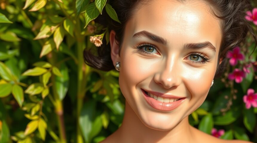 Hogyan maradjon bőröd természetesen friss az év minden szakában? 1 Fiatal nő mosolyogva a természetben, egészséges bőrrel.