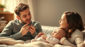 Szülők játszanak a kisbabájukkal zene és dalok közben