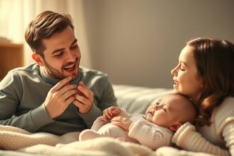 Szülők játszanak a kisbabájukkal zene és dalok közben