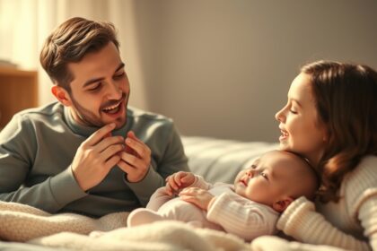 Szülők játszanak a kisbabájukkal zene és dalok közben