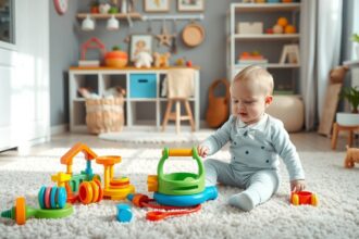 Baba játszik fejlesztő játékokkal otthoni környezetben.