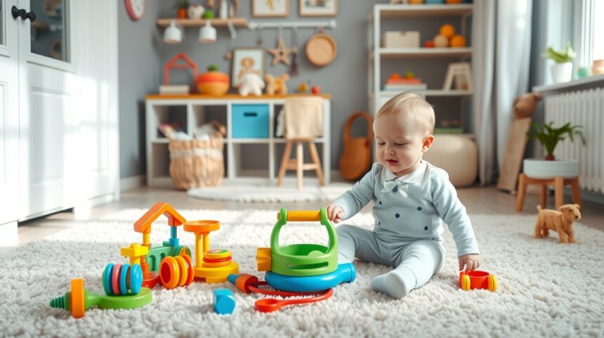 Baba játszik fejlesztő játékokkal otthoni környezetben.