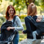 Két nő, babahordozóval és babakocsival sétáló anyák.