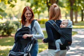 Két nő, babahordozóval és babakocsival sétáló anyák.