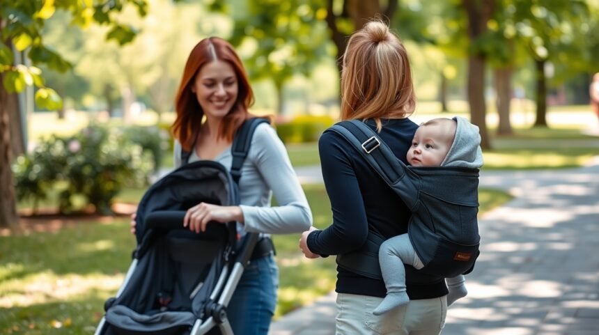 Két nő, babahordozóval és babakocsival sétáló anyák.