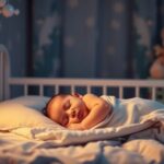 Baba alvás közben, békés csendben egy világos szobában.