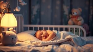 Baba alvás közben, békés csendben egy világos szobában.