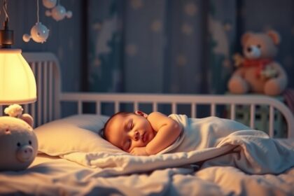 Baba alvás közben, békés csendben egy világos szobában.