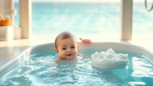womensway 142 Baba fürdés otthon biztonságos környezetben, vízben játszva.
