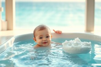 Baba fürdés otthon biztonságos környezetben, vízben játszva.
