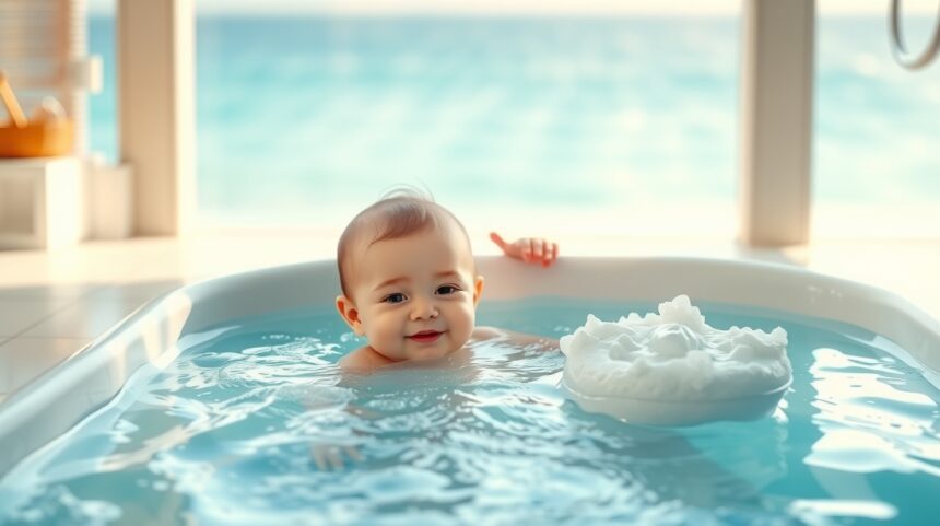 Baba fürdés otthon biztonságos környezetben, vízben játszva.