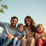 Család harmonikus pillanata a szabadban, gyermekvállalás és szabadság egyensúlyának szimbóluma.