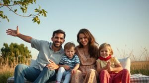 Család harmonikus pillanata a szabadban, gyermekvállalás és szabadság egyensúlyának szimbóluma.