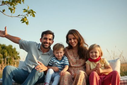 Család harmonikus pillanata a szabadban, gyermekvállalás és szabadság egyensúlyának szimbóluma.