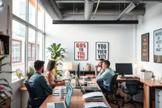 Egy irodai munkahely, ahol emberek együtt dolgoznak és ötleteket osztanak meg.