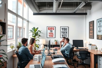 Egy irodai munkahely, ahol emberek együtt dolgoznak és ötleteket osztanak meg.