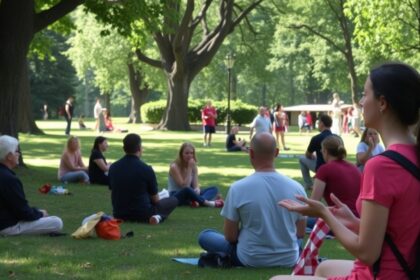 Négyzet alakú szórakozó fiatal felnőttek a zöld pázsiton.