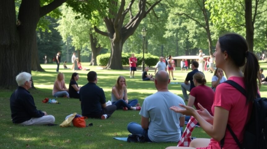 Négyzet alakú szórakozó fiatal felnőttek a zöld pázsiton.