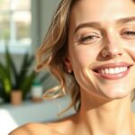 Nő boldogan, smink nélkül, ragyogó bőrápolási rutinnal.