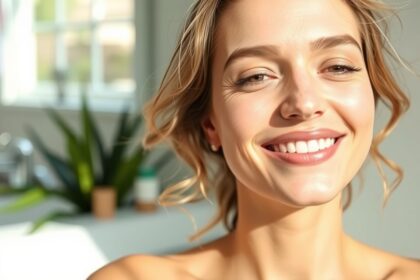 Nő boldogan, smink nélkül, ragyogó bőrápolási rutinnal.