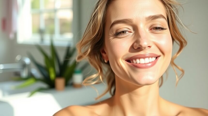 Reggeli bőrápolási rutin: Hogyan tündökölj smink nélkül? 1 Nő boldogan, smink nélkül, ragyogó bőrápolási rutinnal.