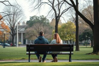 Két barát ül egy padon, beszélgetve a barátság és szerelem határvonaláról.