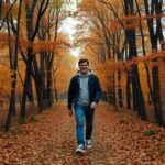 Férfi sétál az őszi erdőben, lassú léptekkel