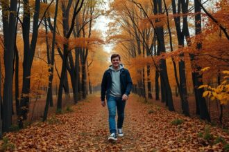 Férfi sétál az őszi erdőben, lassú léptekkel