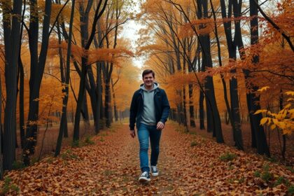 Férfi sétál az őszi erdőben, lassú léptekkel