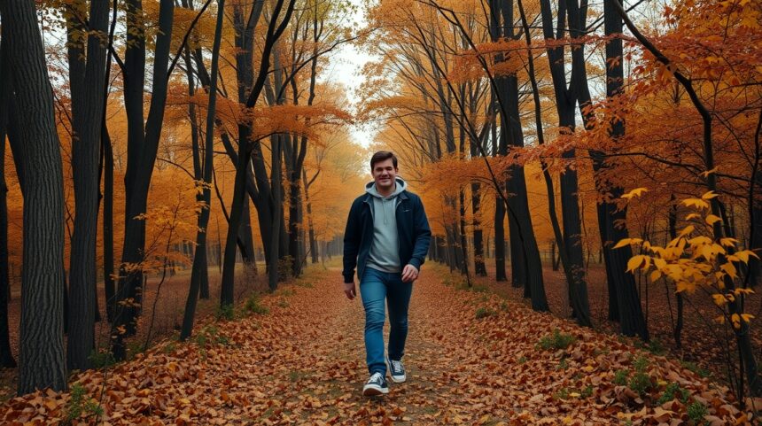 Férfi sétál az őszi erdőben, lassú léptekkel