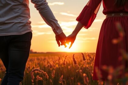 Két kéz, amelyek együtt tartanak a naplementében egy mezőn, szerelem és kapcsolatok szimbóluma.