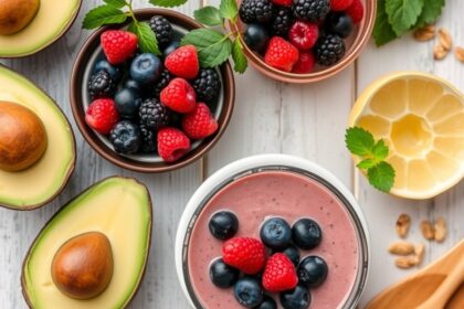 Reggeli a szép hajért és bőrért: zabkása teljes kiőrlésű gabonával, natúr joghurt vagy tojás, dió/mandula, avokádó, bogyós gyümölcsök, egy pohár víz vagy zöld tea — fehérje, omega‑3, vitaminok és antioxidánsok.