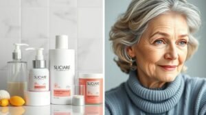 womensway 130 Hajápolás termékek és idős hölgy arcának közelképe