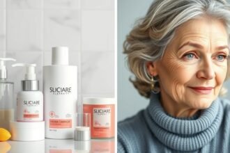 Hajápolás termékek és idős hölgy arcának közelképe