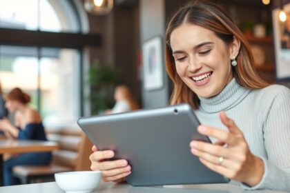 Egyedülálló anya, aki boldogan böngészik a tableten egy kávézóban.