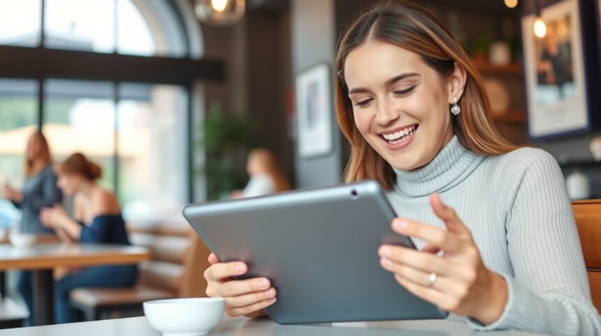 8 könnyű módszer a randizás megkönnyítésére, ha egyedülálló anyaként mindent egyedül intézel 1 Egyedülálló anya, aki boldogan böngészik a tableten egy kávézóban.