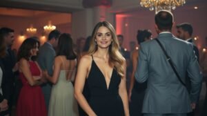 Elegáns nő társaságban, önbizalommal és vonzerővel.