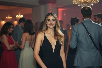 Elegáns nő társaságban, önbizalommal és vonzerővel.