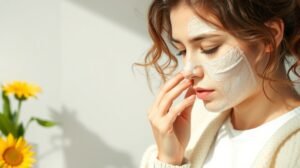 Nő bőrápolási rutinja szénanátha idején, hűsítő borogatással.