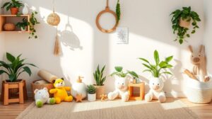 Környezetbarát babaszoba növényekkel és játékokkal.