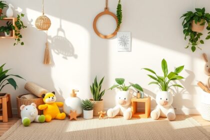 Környezetbarát babaszoba növényekkel és játékokkal.