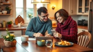 Pár beszélget családtervezésről az étkezőasztalnál.