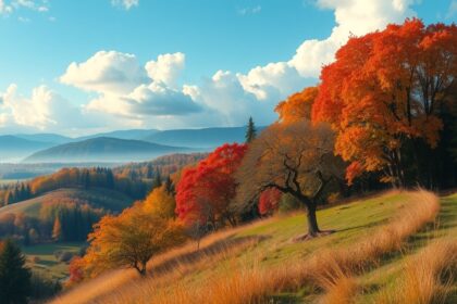 Őszi táj, színekben gazdag fák és dombok a természetben.